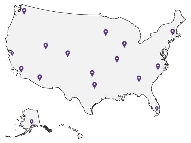 US Reach: a map with location pins in the DermatologyCareers brand colors.